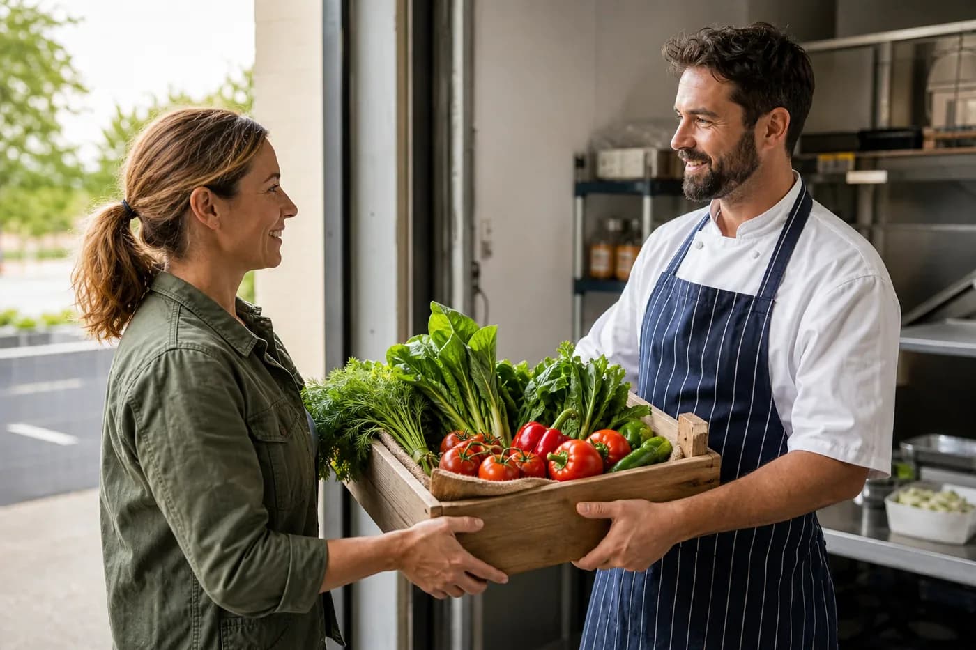 Restaurant receiving fresh produce from a supplier