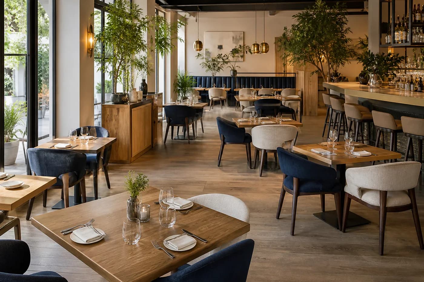 Modern restaurant dining room ready for reservations