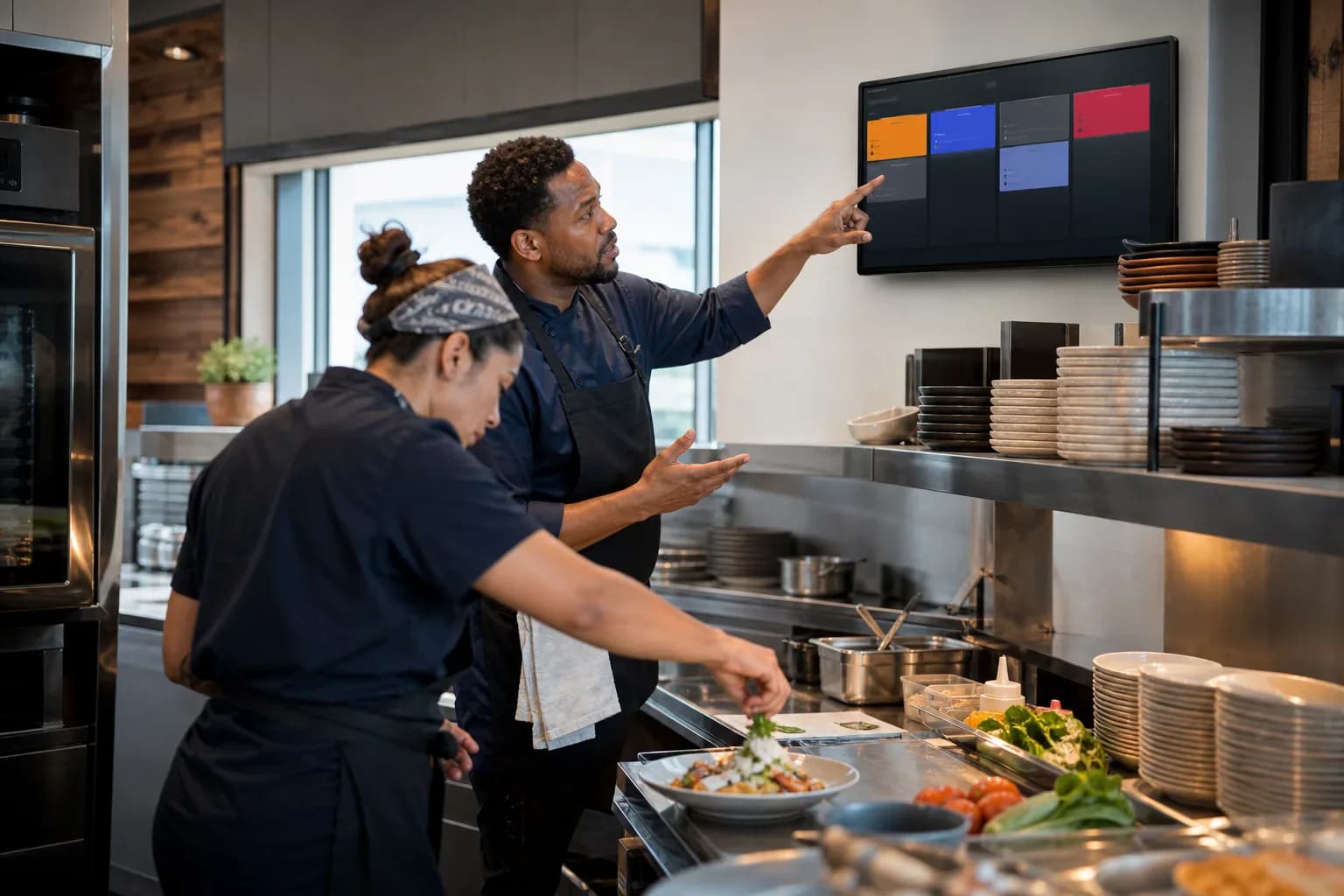 A restaurant team using a connected kitchen display