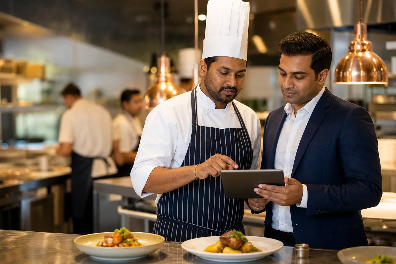 Restaurant chef and manager reviewing live service together