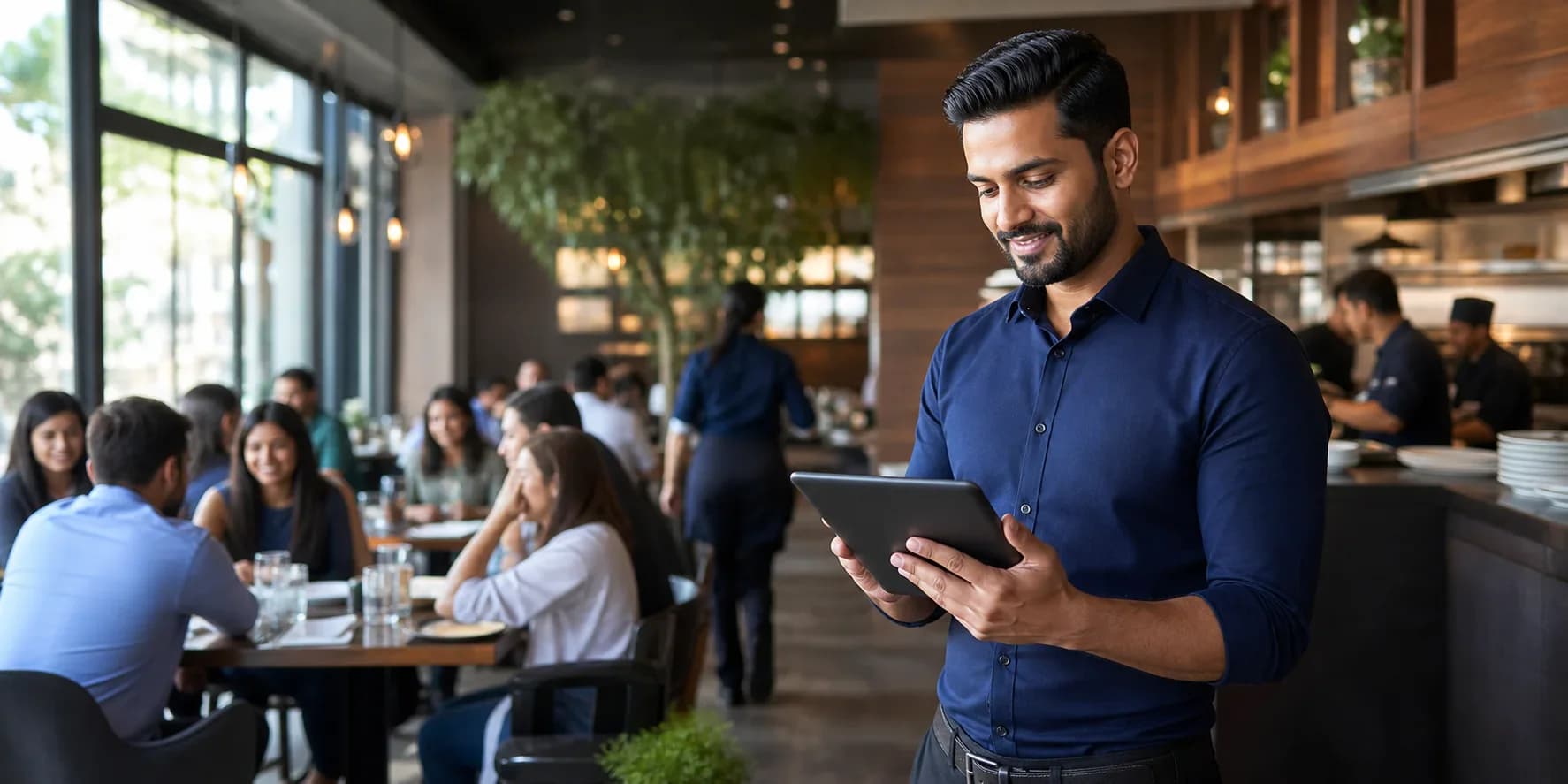 Restaurant manager reviewing Revasta plans and operations